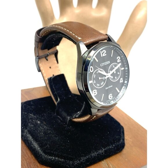 Citizen Men's Watch AO9028-07E Eco-Drive Black Dial Brown Leather Strap 43mm - Picture 2 of 15
